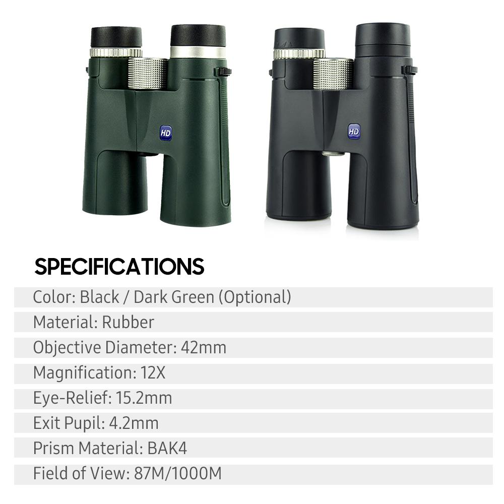 12×42 Binocular Telescope High Definition Roof Prism with Right-Eye Diopter Professional Waterproof Binoculars