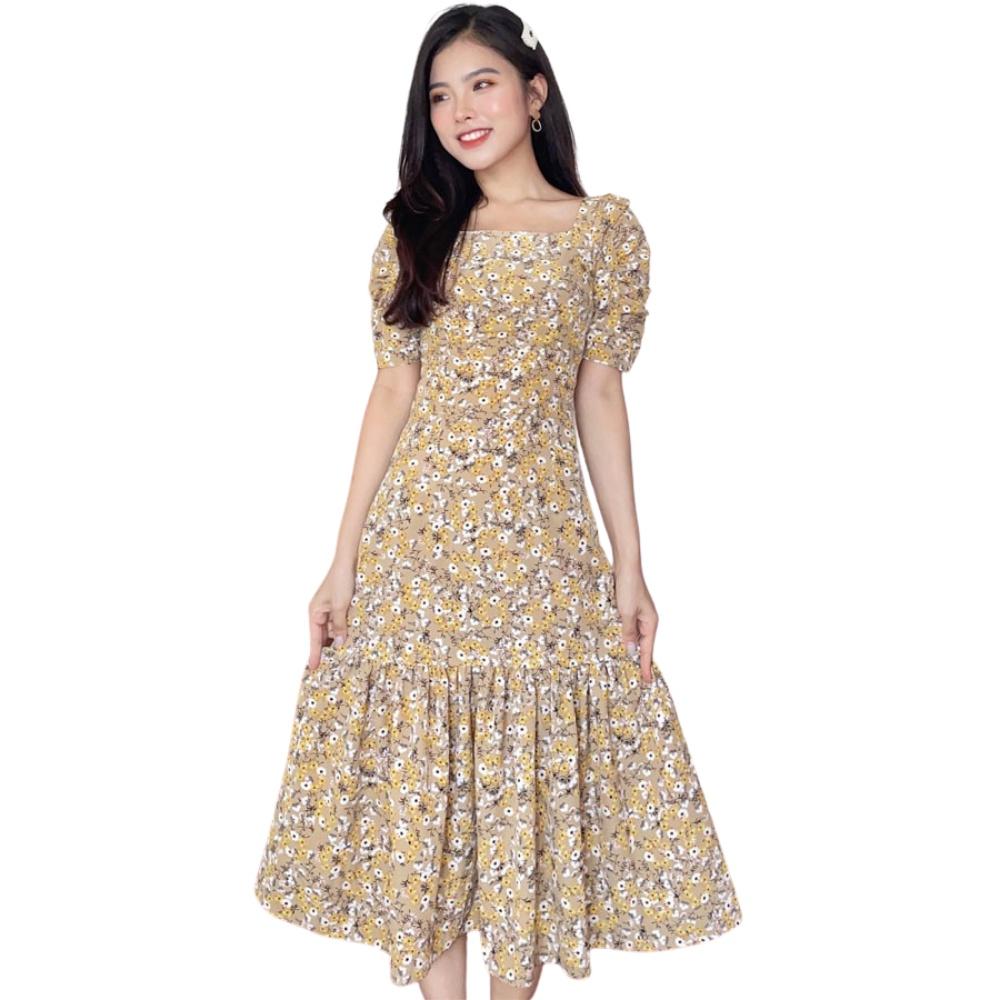 Đầm Váy Nữ Midi Cổ Vuông Hoa Nhí - QA00159