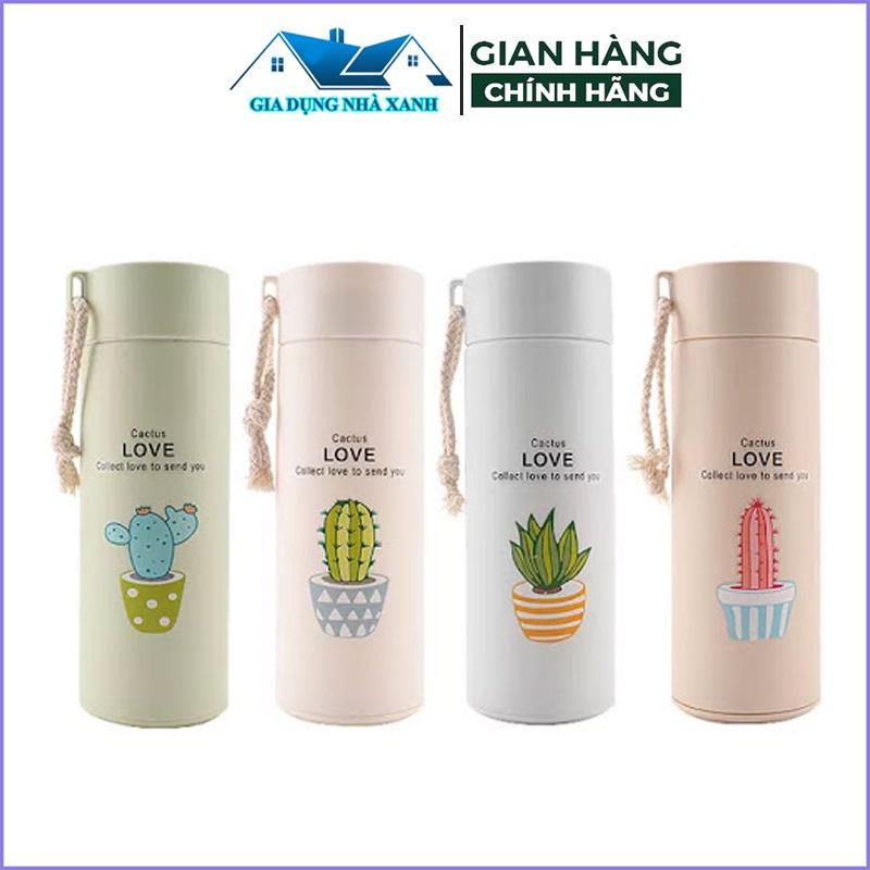 Bình Đựng Nước Thủy Tinh Xương Rồng 2 Lớp Dung Tích 450ml, Nhiều Màu Sắc