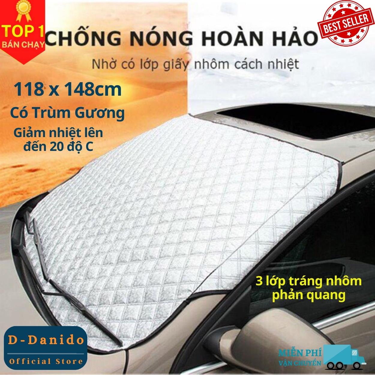 Tấm chắn nắng, Bạt chống nóng ngoài kính lái ô tô 3 lớp, tráng bạc cỡ lớn 118 x 148cm, có trùm gương - Hàng chính hãng D Danido