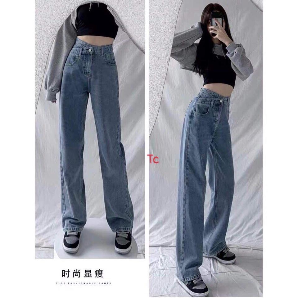 Quần Jeans Nữ Cạp Lệch Ống Rộng Quần Bò Trơn Nữ Cạp Cao 2 Màu Full Size