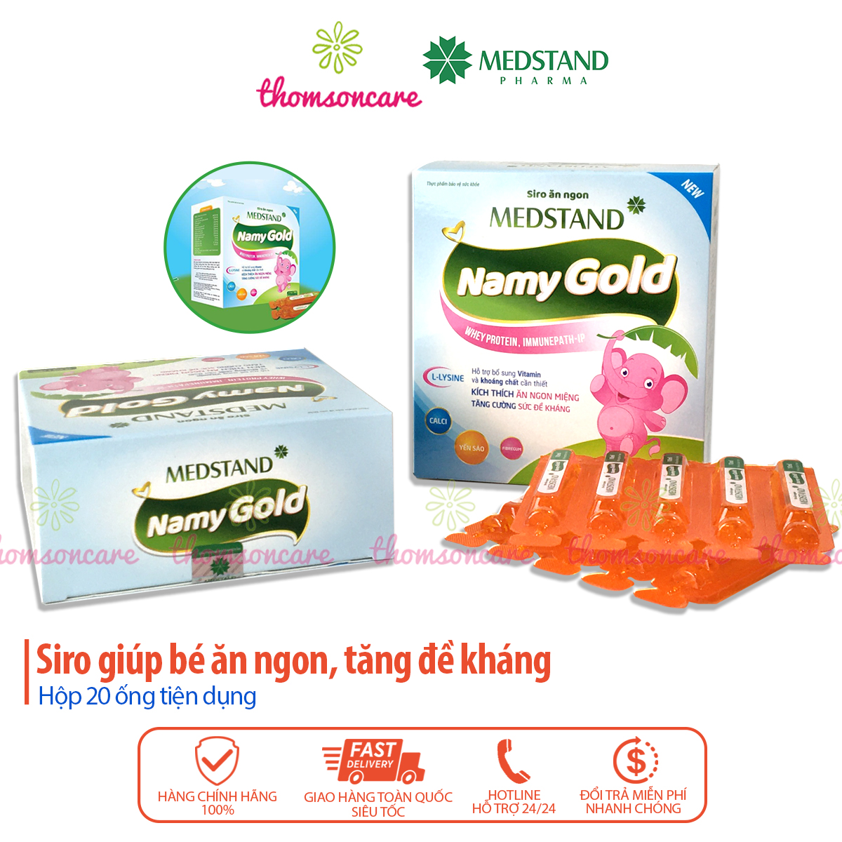 Siro ăn ngon cho bé - Medstand Namy Gold - Hộp 20 ống uống tiện dụng, giúp trẻ tăng sức đề kháng, tăng cường tiêu hóa