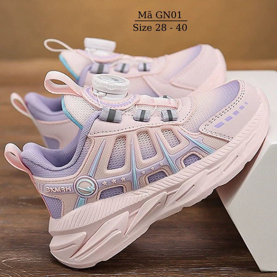 Giày thể thao bé gái 4 - 15 tuổi núm vặn cót thông minh khóa xoáy tự động êm nhẹ cao cấp cho bé đi học, chạy bộ chơi bóng rổ GN01