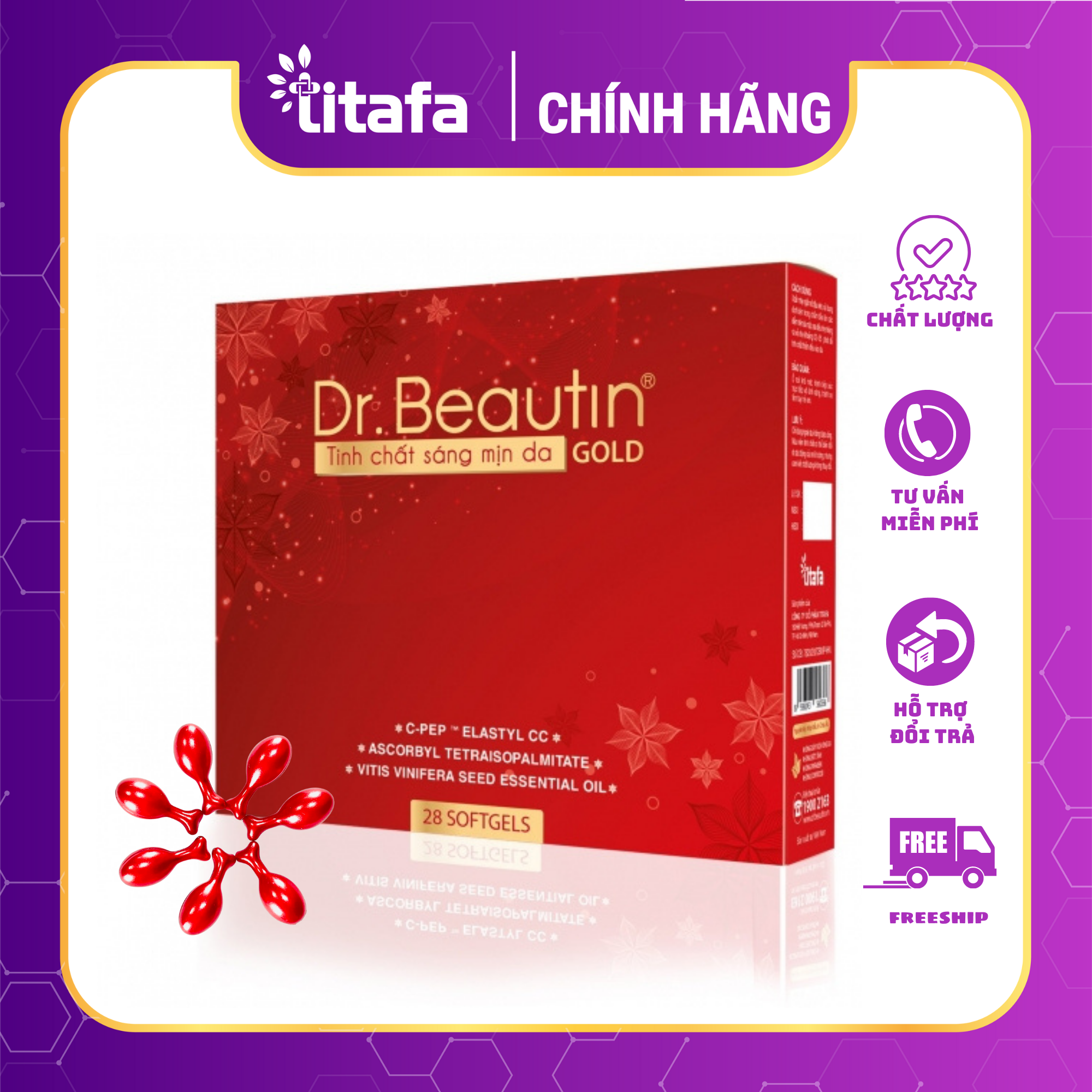 Viên serum dưỡng da DR.BEAUTIN TINH CHẤT SÁNG MỊN DA GOLD - Dưỡng da căng bóng, sáng mềm mịn
