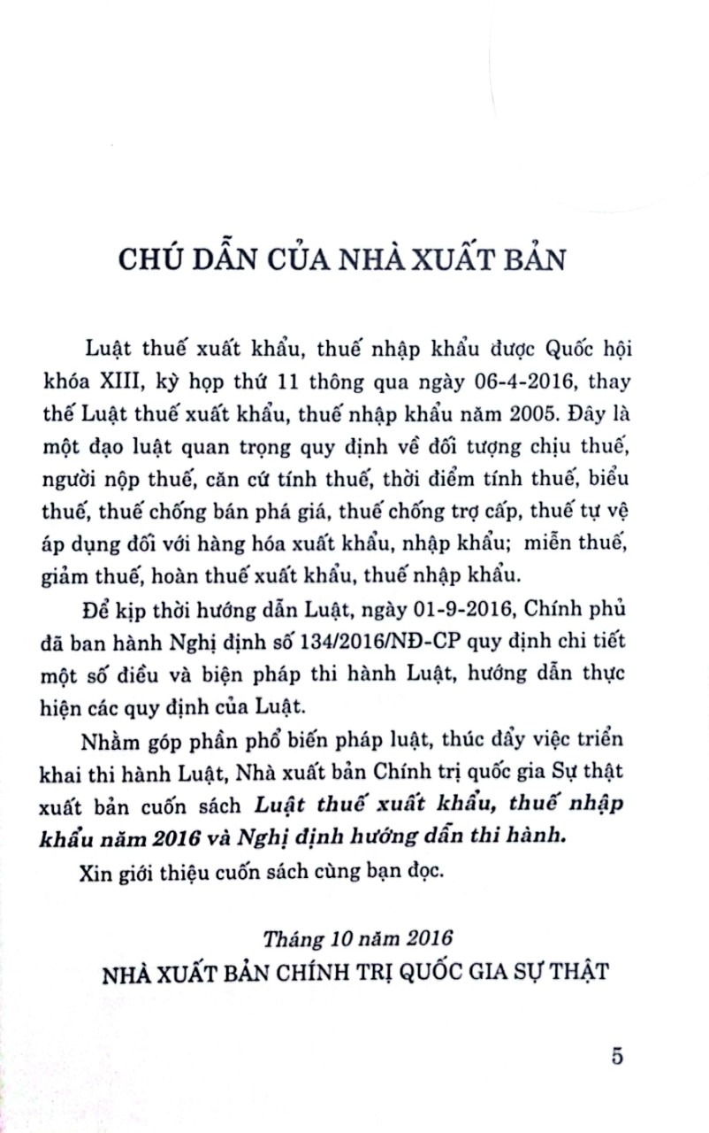 Luật Thuế xuất khẩu, thuế nhập khẩu năm 2016 và nghị định hướng dẫn thi hành