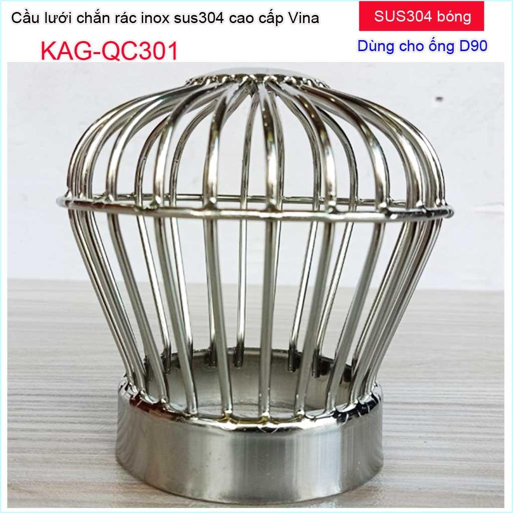 Cầu chắn rác sân thượng KAG-QC301 (ống D90), Cầu chặn rác Inox 304 đế thấp thả ống D90, cầu lưới lọc rác thoát nước mưa