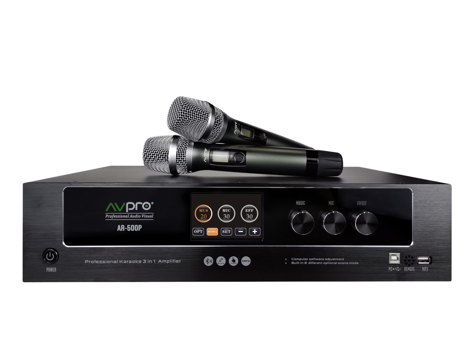 AVpro AR 500P - Amply kỹ thuật số 3 trong 1 (Đẩy công suất, vang số, Micro) Nghe nhạc hát karaoke siêu hay, màn cảm ứng, lập trình nhiều chế độ nhạc, hát - chống hú siêu tốt, cổng quang, bluetooth - Hàng chính hãng