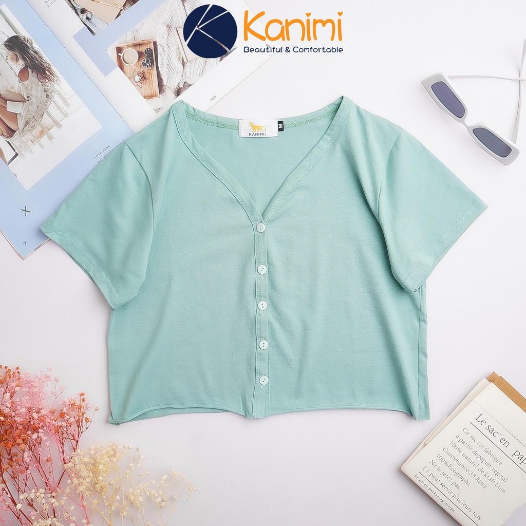 Áo croptop cổ tim cài cúc tay ngắn form rộng chất 4 chiều 100% cotton cực đẹp Kanimi - AN07