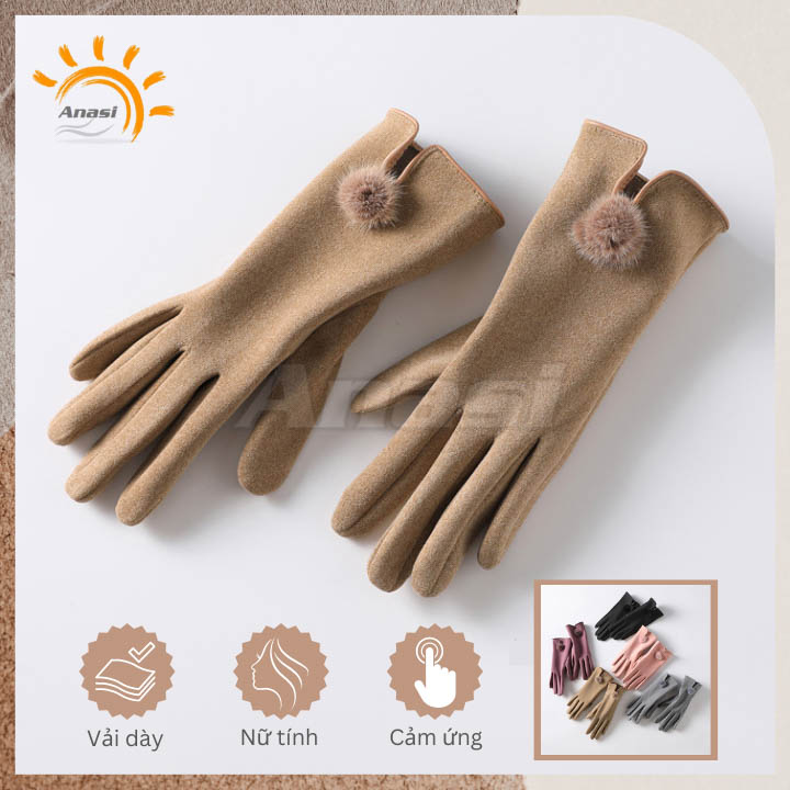 Găng tay mùa đông chống nắng nữ Anasi CB68 - Vải nỉ dày dặn - nâu