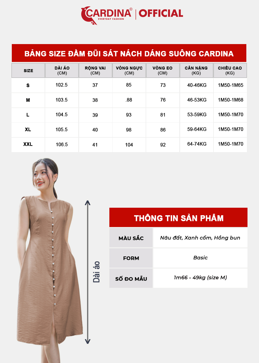 Đầm Nữ CARDINA Sát Nách Chất Đũi Bamboo Cao Cấp Dáng Suông Cài Khuy Giữa Thanh Lịch 3VD01