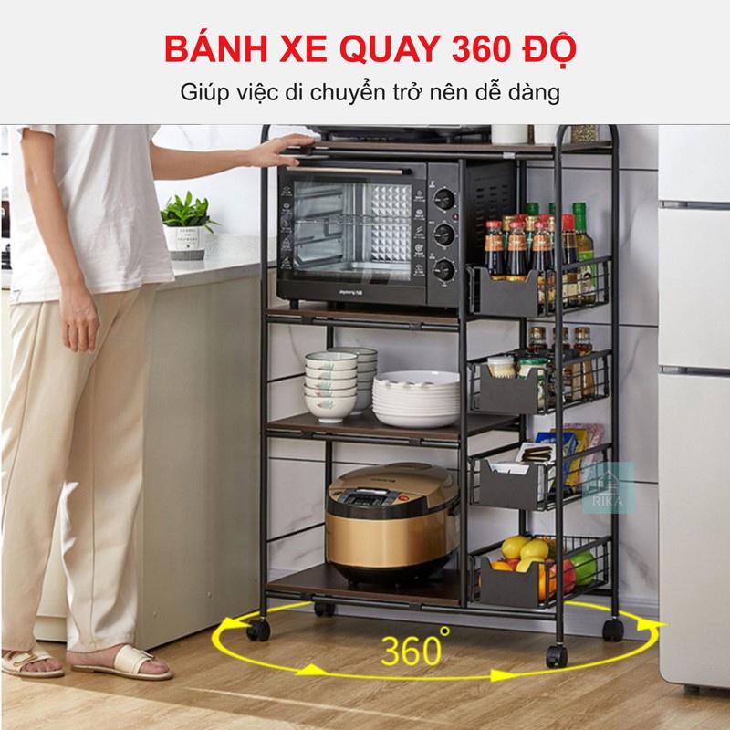 Kệ để đồ đa năng nhà bếp 3 4 tầng kép có bánh xe, thép carbon, kệ vi sóng gia vị nồi chiên không dầu thông minh đa năng