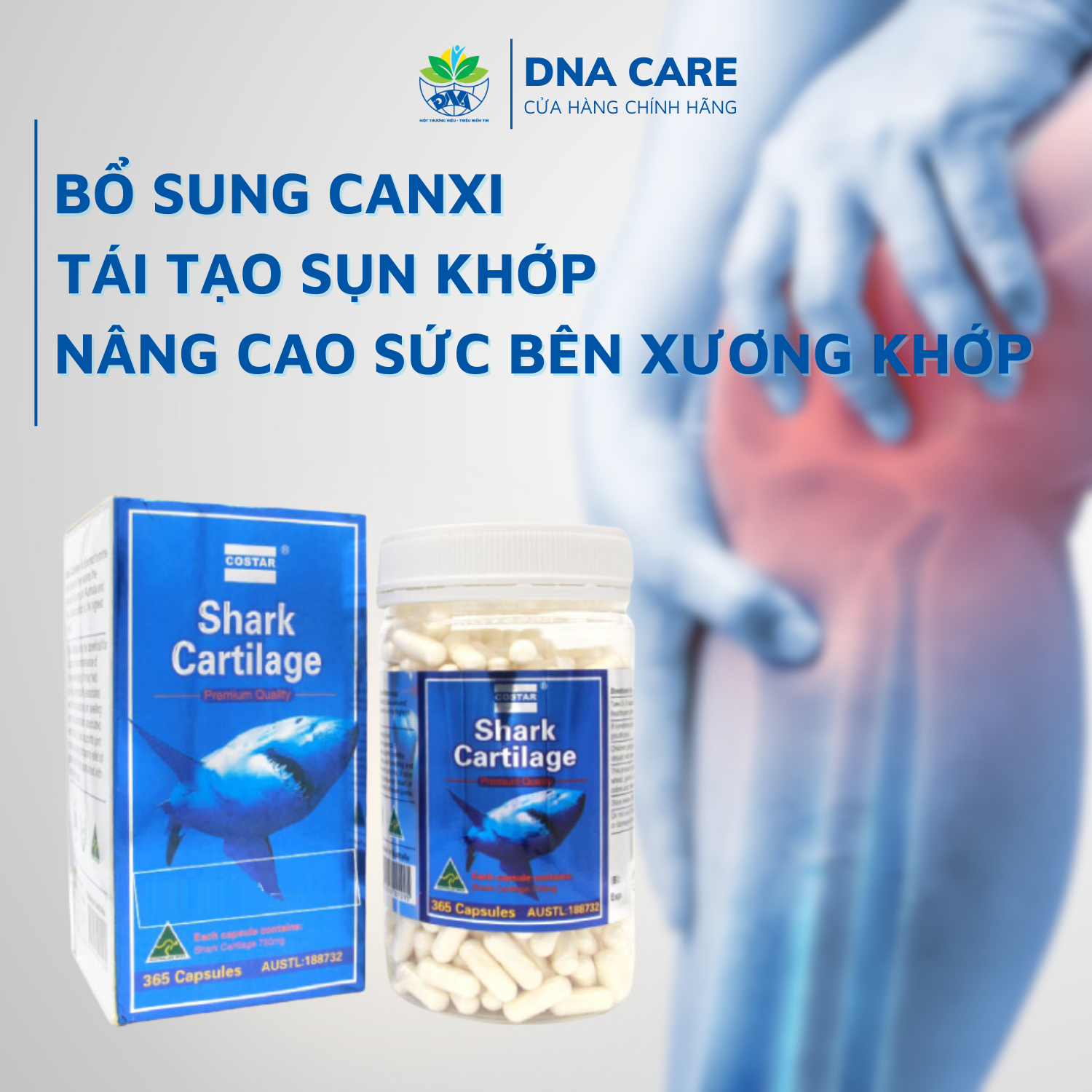 Viên uống xương khớp sụn cá mập Shark Cartilage Costar hỗ trợ tạo chất nhờn cho khớp hộp 30/120/365 viên