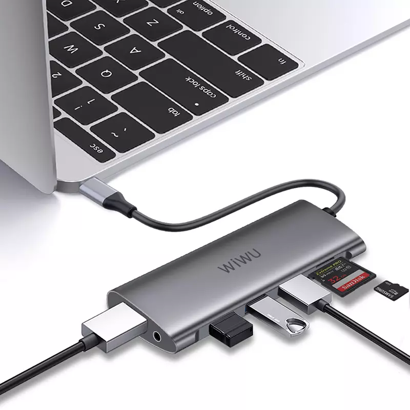 Hub chia cổng Type-C đa năng 10 in 1 từ Type C chia ra 3 cổng USB 3.0, AUX 3.5mm, 2 cổng HDMI chuẩn 4k, VGA 1080P, LAN RJ45, thẻ nhớ SD/Micro SD hiệu Wiwu Alpha A11312H - hàng nhập khẩu