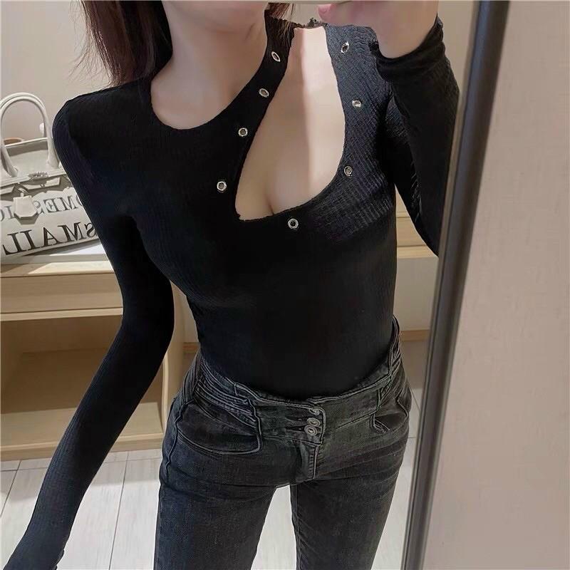 Áo tay dài đinh khoen khoét vai siêu sẽy chất thun gân -N