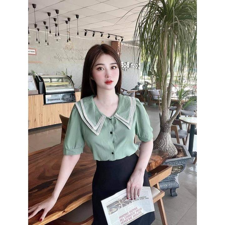 ÁO SƠ MI NGẮN TAY CHẤT ĐŨI MỀM MỊN MÀU XANH TÔN DA THIẾT KẾ CỔ 2 LỚP CÓ VIỀN REN CỰC XINH DEMI AM16
