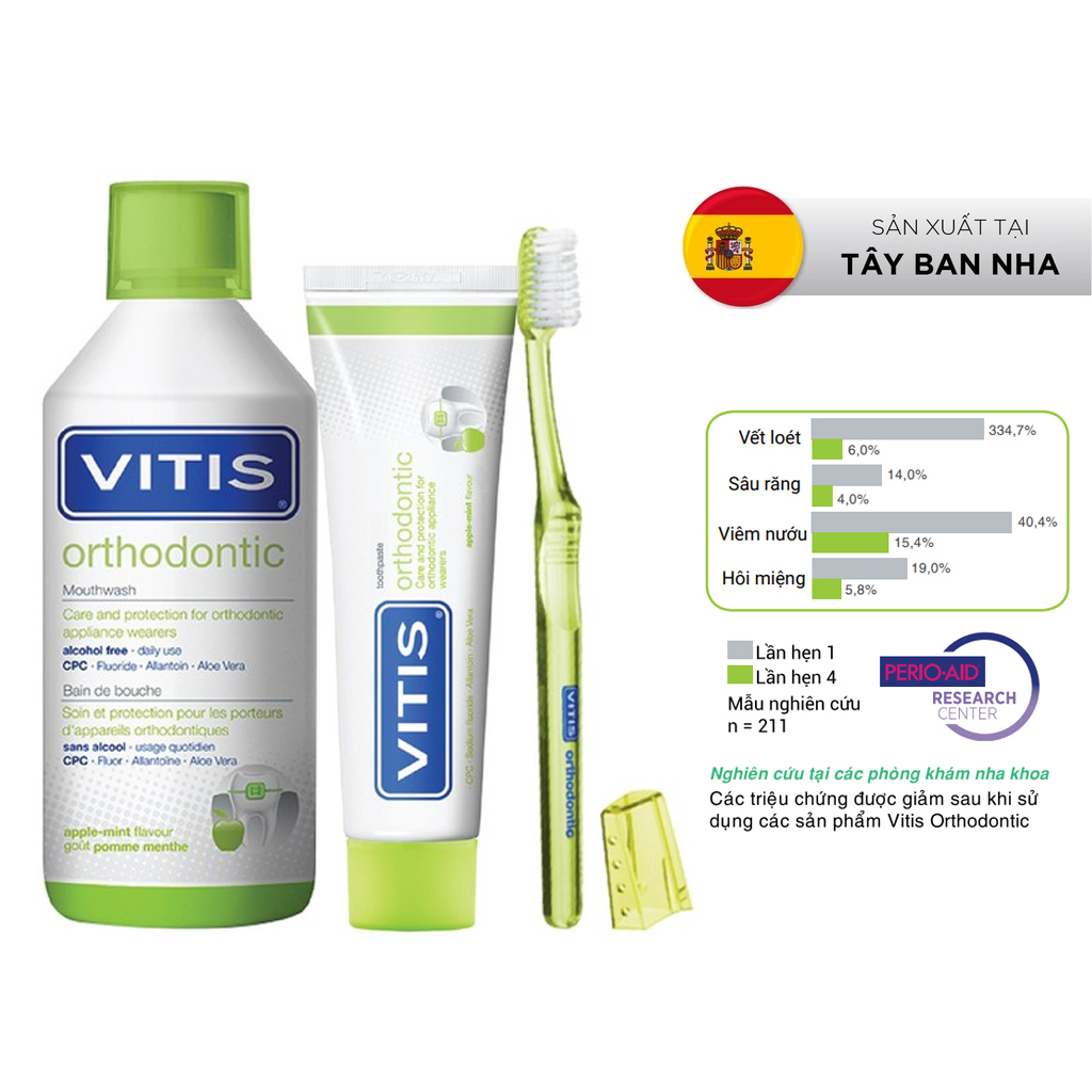 Bộ chăm sóc răng miệng dành cho người chỉnh nha Vitis Orthdontic Mixed Pack (Nước súc miệng 500ml, kem đánh răng 100ml và bàn chải)