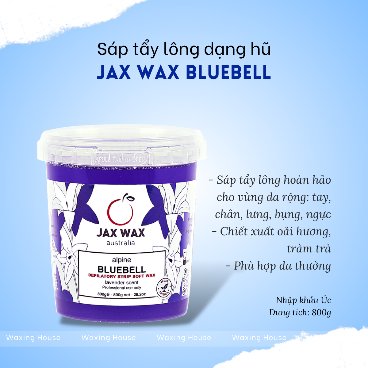 Sáp tẩy lông ấm dạng hũ Jax Wax Australia Bluebell 800gr