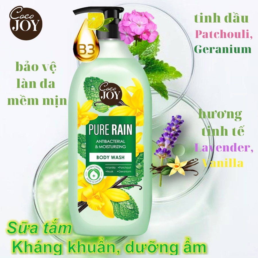 Sữa tắm kháng khuẩn và dưỡng ẩm hương nước hoa Cocojoy Pure Rain chiết xuất hoa lan Vanilla, Lavender, hương cam 6g, 500g, 900g