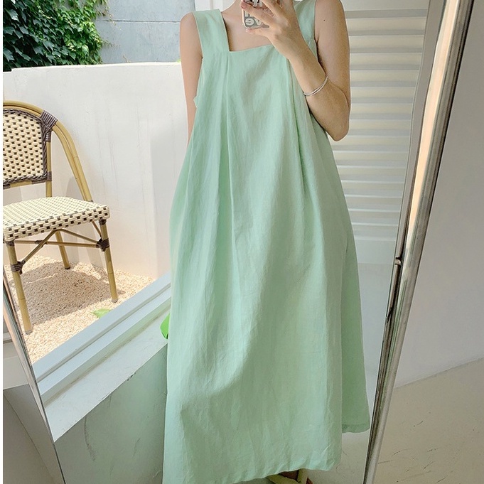 Váy maxi đi biển hai dây bản to màu xanh, đầm dây hở lưng cổ vuông chất thô from rộng dáng dài