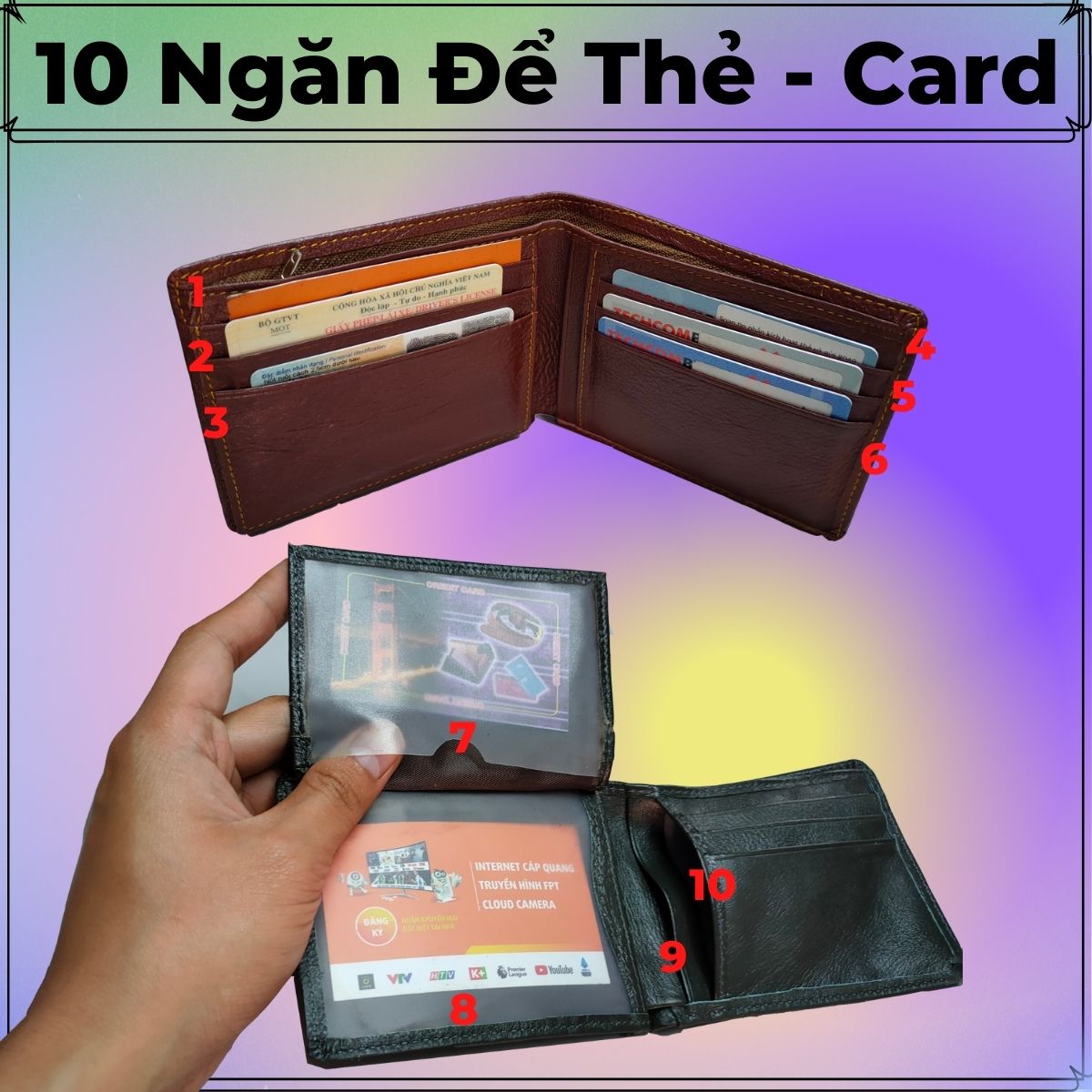 Ví da bò nam cao cấp dáng ngang - Không bong nổ, chất da mềm mại, 10 ngăn để thẻ - card kèm 3 ngăn chính