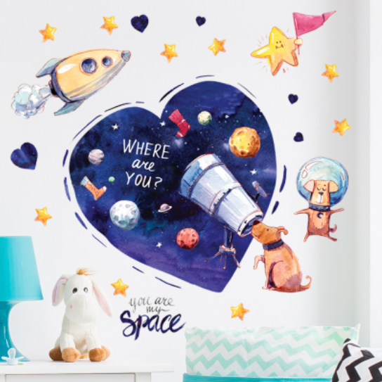 Decal trang trí tường - Khám phá vũ trụ cùng những chú cún