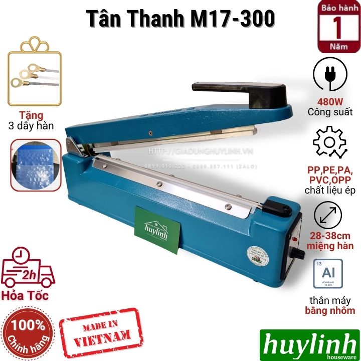 Máy hàn miệng túi, bao bì dập tay Tân Thanh M17-300 - 300mm - Tặng 3 sợi dây hàn - Hàng chính hãng