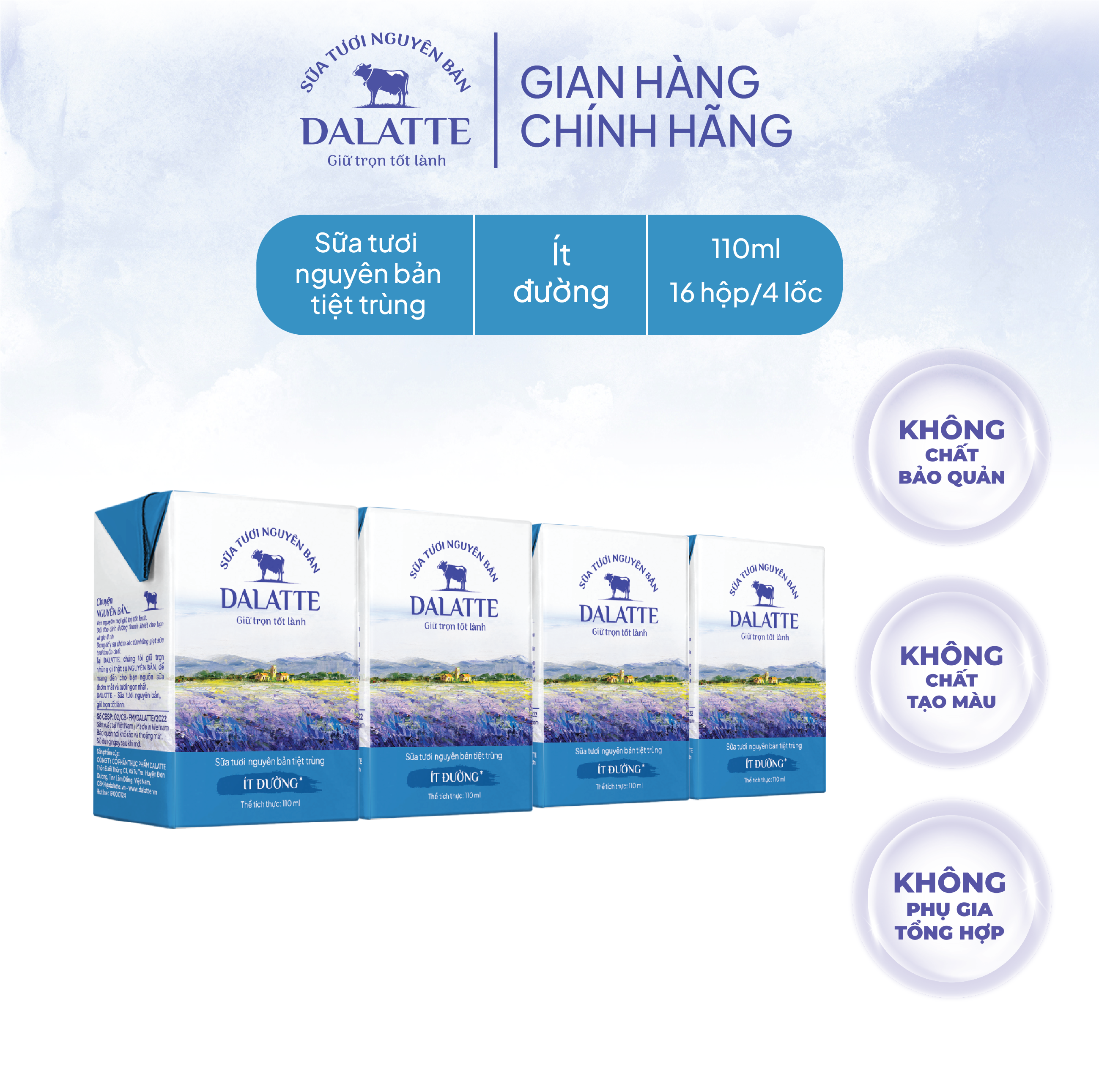 Combo 4 Lốc (16 hộp) - DALATTE 110ml SỮA TƯƠI NGUYÊN BẢN tiệt trùng - Ít đường - Giữ trọn nguyên bản, trao trọn tốt lành