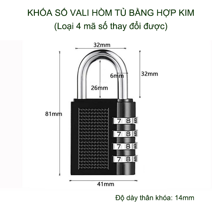 Khóa số vali, hòm tủ bằng hợp kim, loại 4 mã số có thể thay đổi được (XL033)