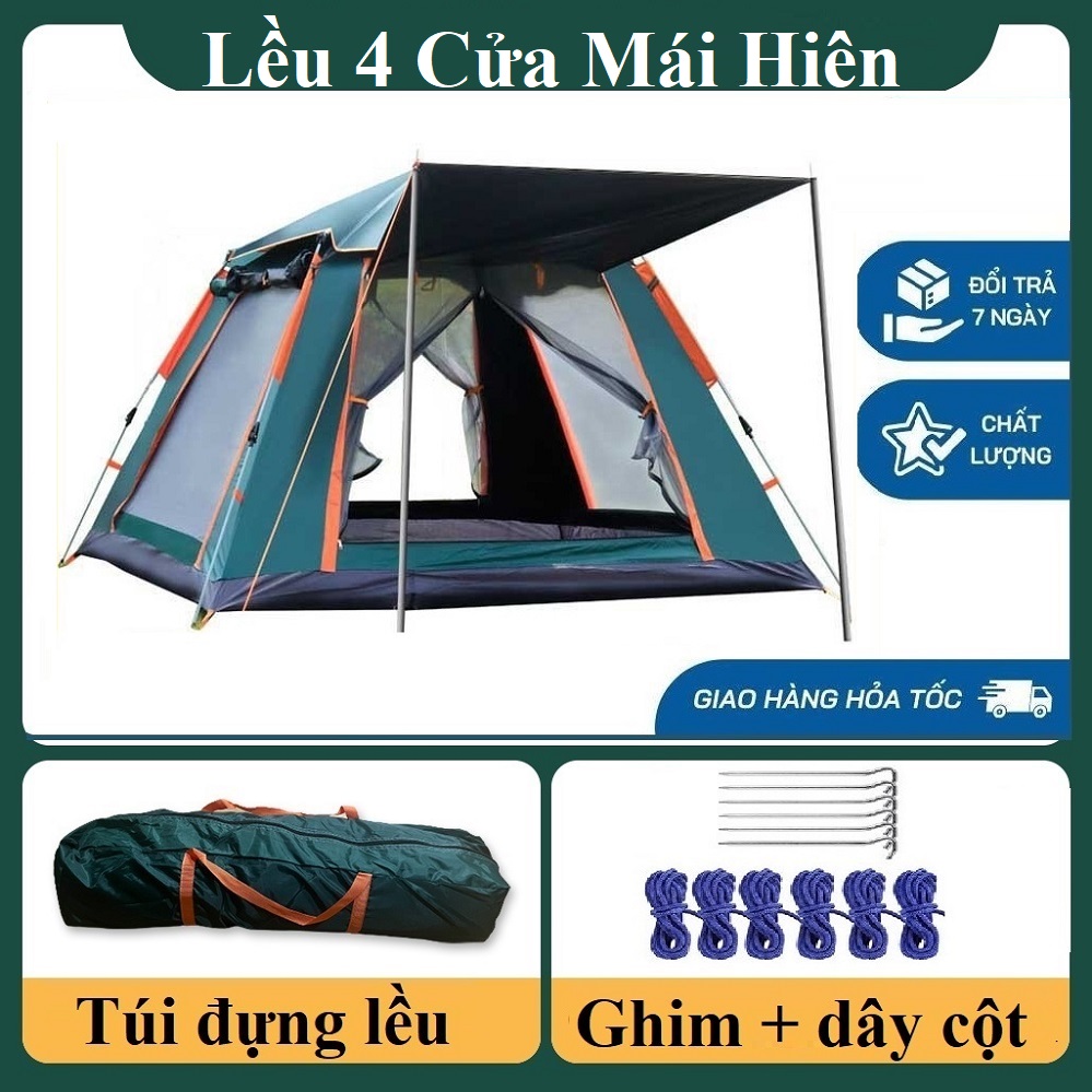 Lều Cắm Trại Du Lịch Dã Ngoại, Lều Phượt Tự Bung 4 đến 6 người Chống Thấm Nước Chống Muỗi Gấp Gọn Tiện Lợi 4 cửa mái hiên