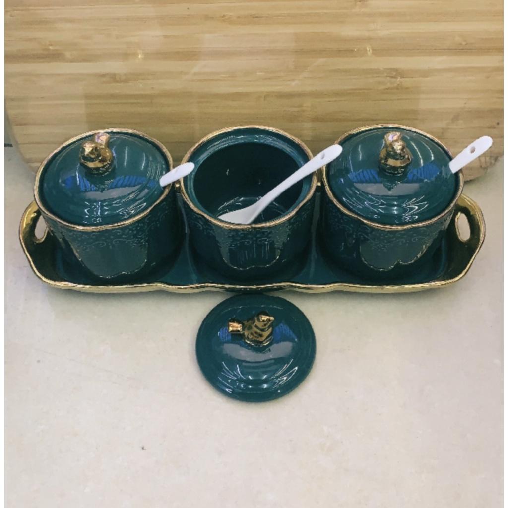 BỘ 3 HŨ ĐỰNG GIA VỊ SỨ KẺ SỌC VIỀN VÀNG CAO CẤP