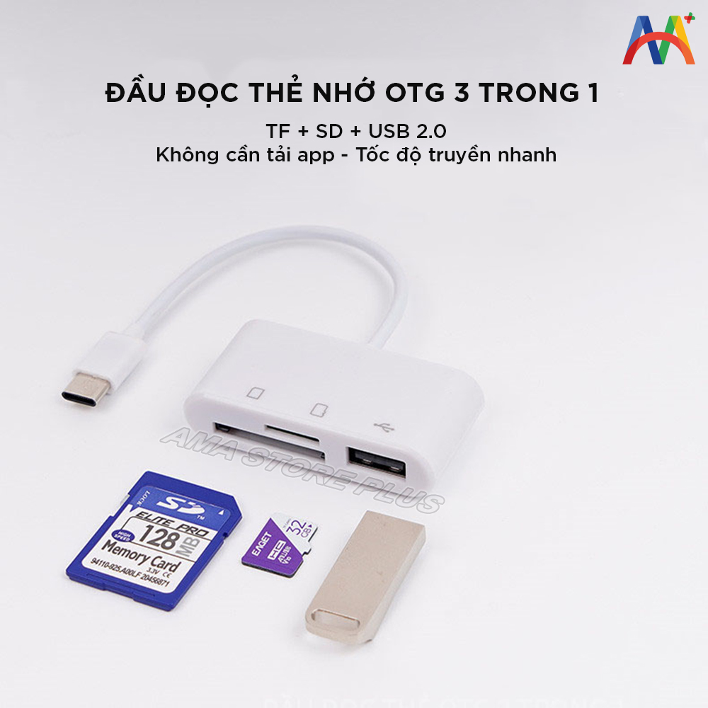 Đầu đọc Thẻ nhớ Type C/Micro USB 3 trong 1 TF + SD +USB 2.0