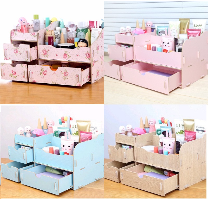Kệ gỗ đựng đồ trang điểm 2 tầng 5 ngăn- Màu hồng trơn