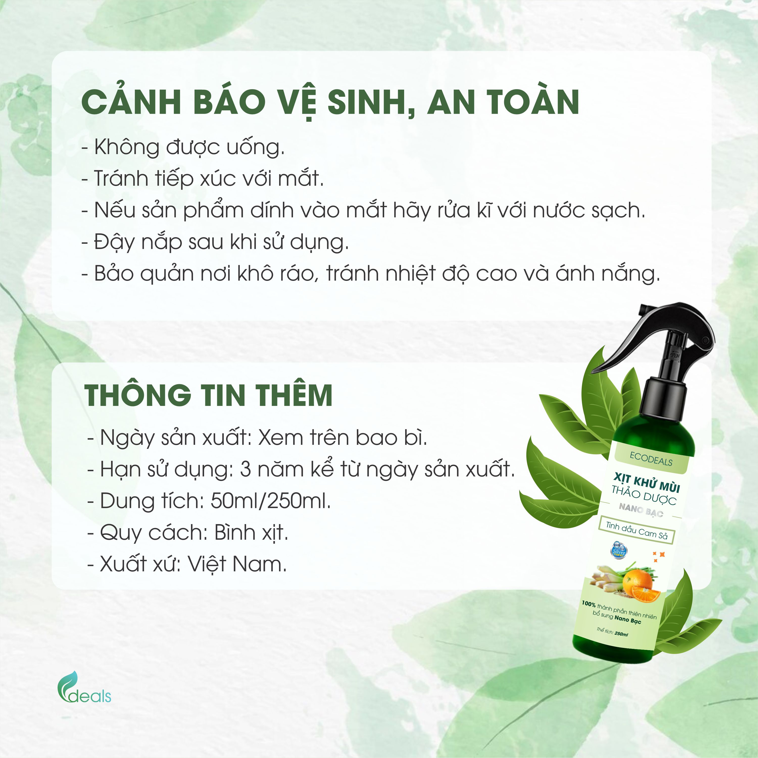 Xịt Khử mùi Kháng khuẩn thảo dược công nghệ Nano Bạc ECODEALS - Tinh dầu Cam Sả