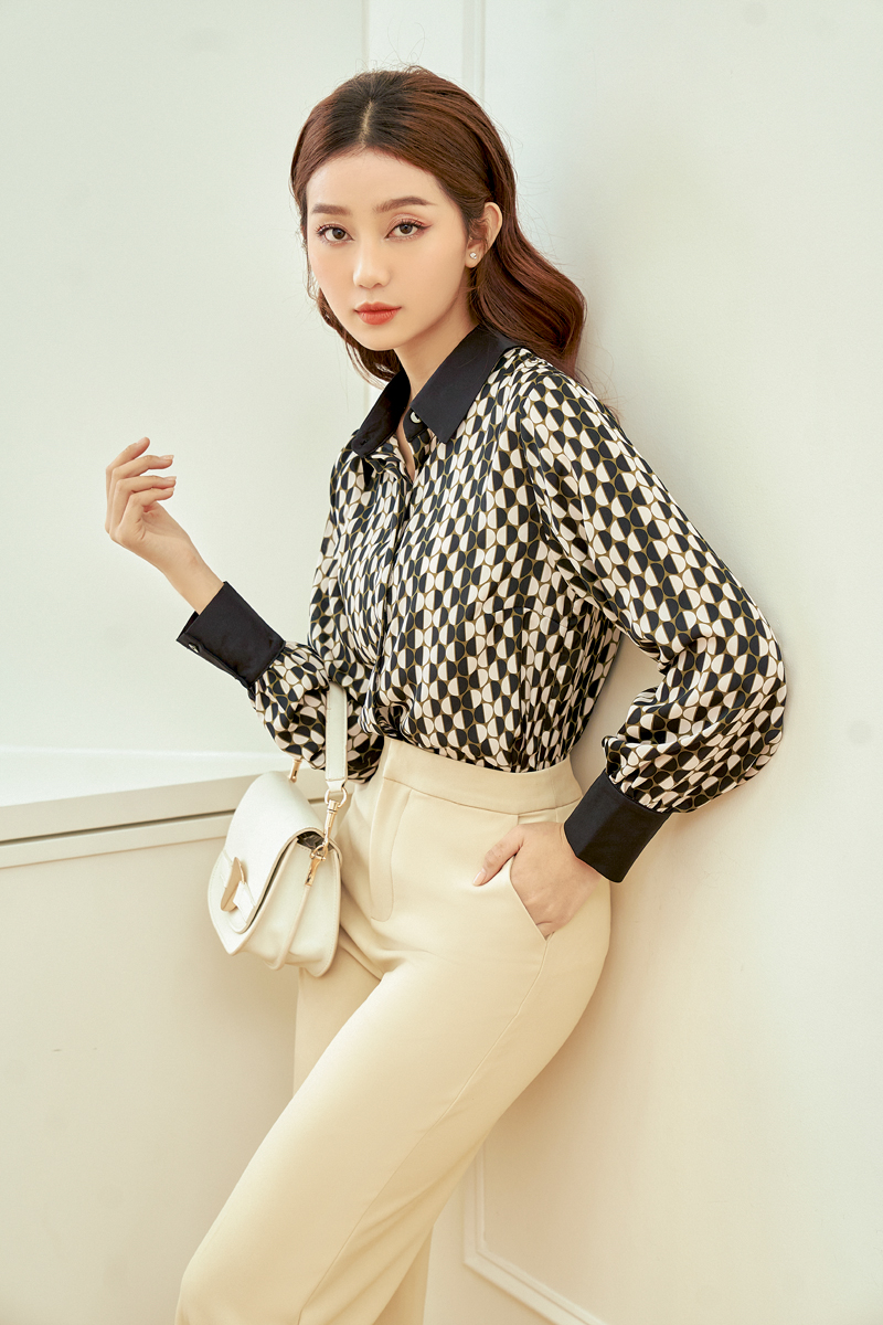 Áo sơ mi nữ công sở GILLEE hoạ tiết trắng đen Alice