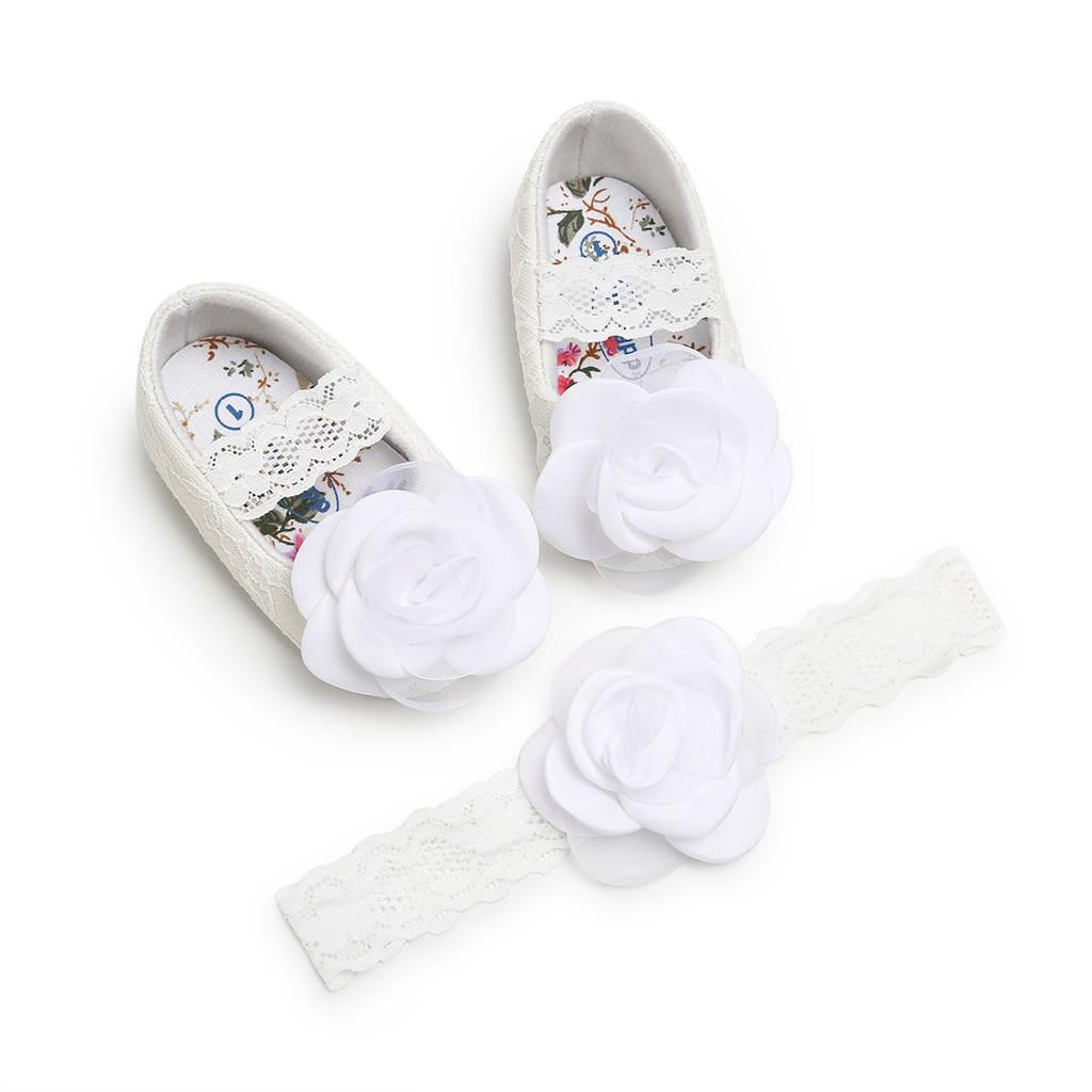 Combo giầy + băng đô bé gái sơ sinh đến 18 tháng tuổi, giày búp bê công chúa bé gái vải mềm chống trượt
