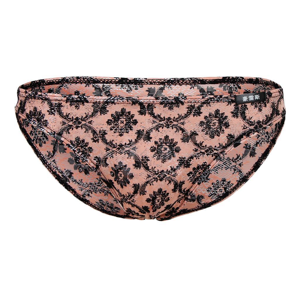 Men's Sissy Sheer Lace Briefs Floral Geometric Patterns Underwear - Orange, L