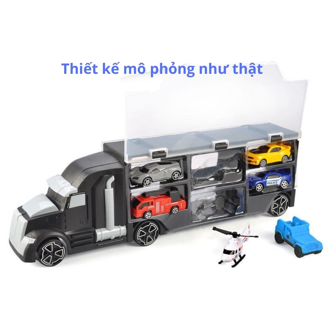 Hộp đồ chơi xe container vận chuyển xe ô tô và trực thăng (6 chiếc) giúp bé phát triển tư duy