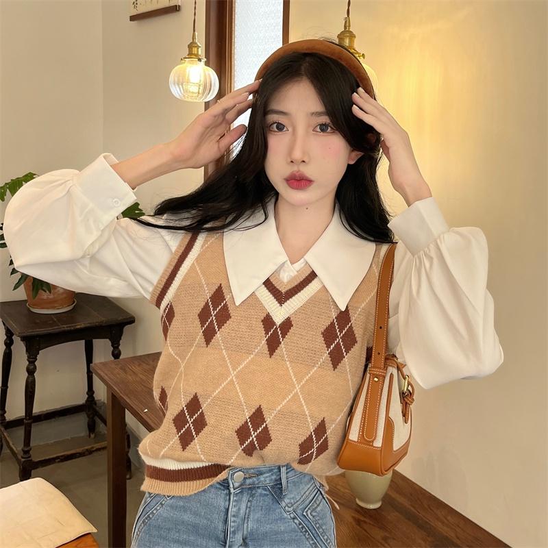 Áo gile len nữ kẻ sọc caro cổ chữ V họa tiết kim cương phối viền kiểu Hàn Quốc hàng Quảng Châu đẹp H-14