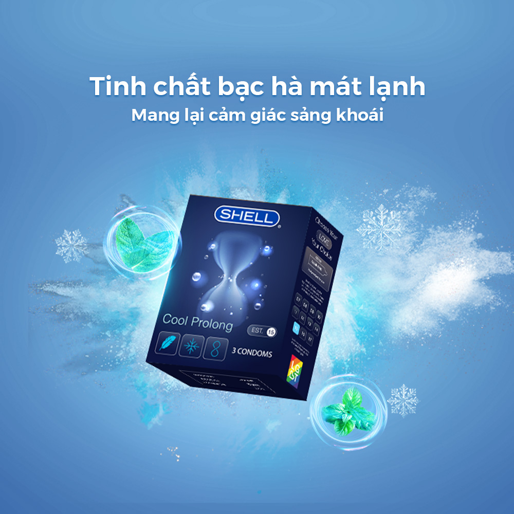 Bao cao su Shell Cool Prolong kéo dài thời gian, bạc hà mát lạnh - Hộp 3 cái | SHELL CHÍNH HÃNG