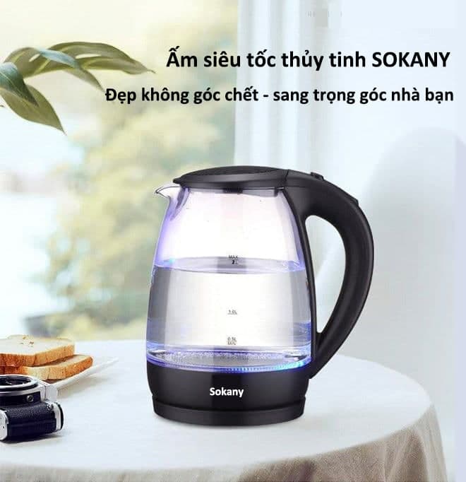 Ấm Đun Siêu Tốc Thủy Tinh SOKANY công suất 2000W - HÀNG CHÍNH HÃNG