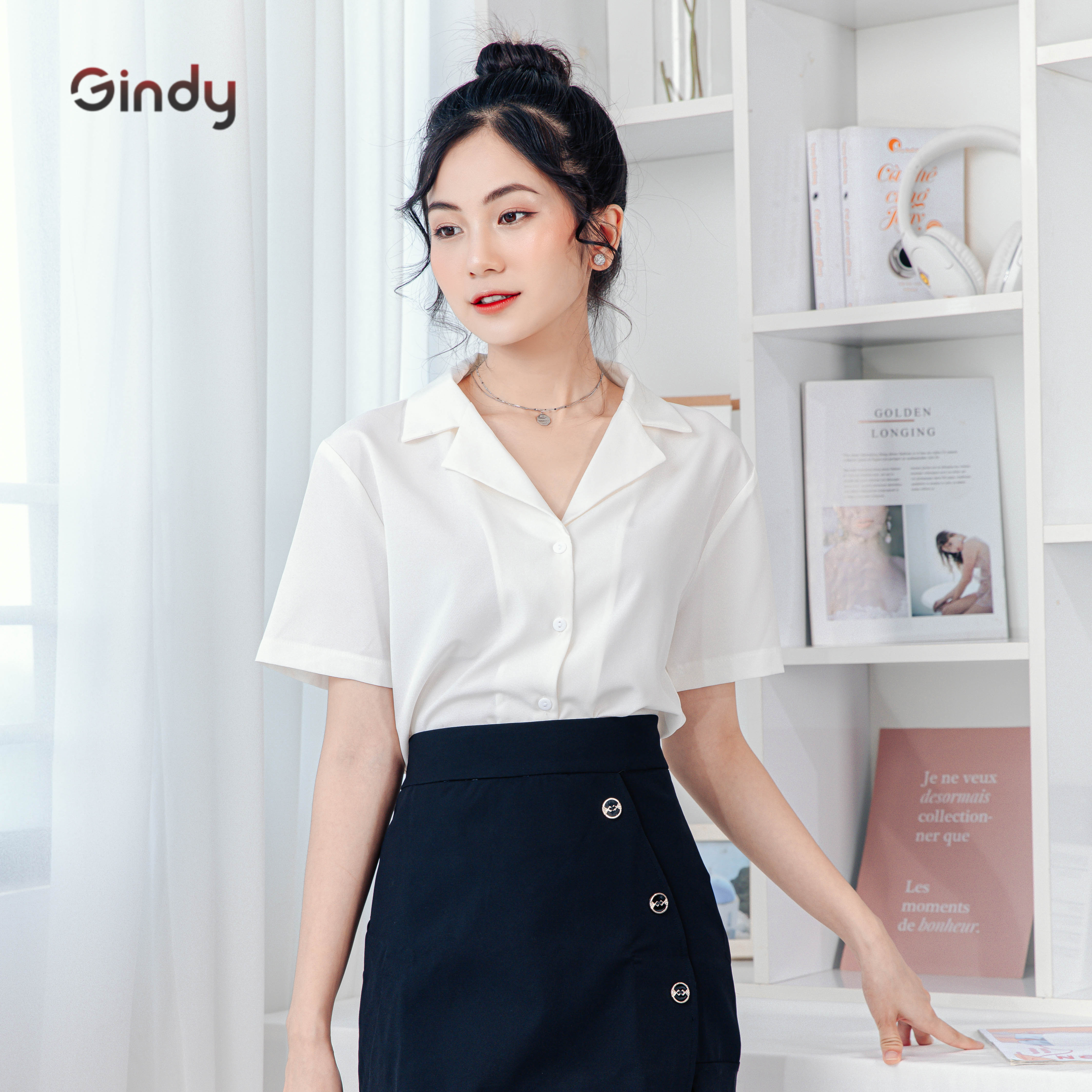 Áo sơ mi nữ trơn GINDY form rộng tay ngắn cổ vest dáng suông nhiều màu sơmi kiểu Hàn Quốc A5145