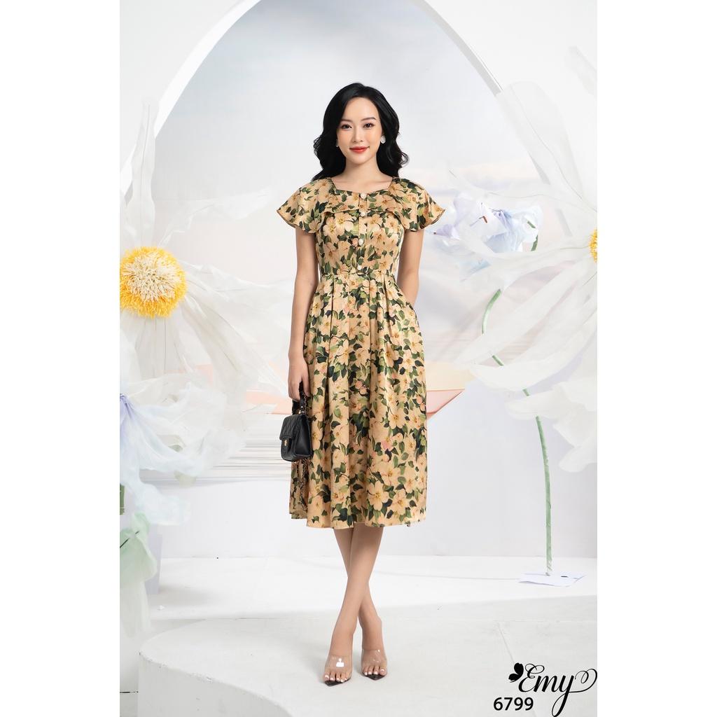 Đầm EMY EM6799 Xoè Cổ Bèo HT Hoa