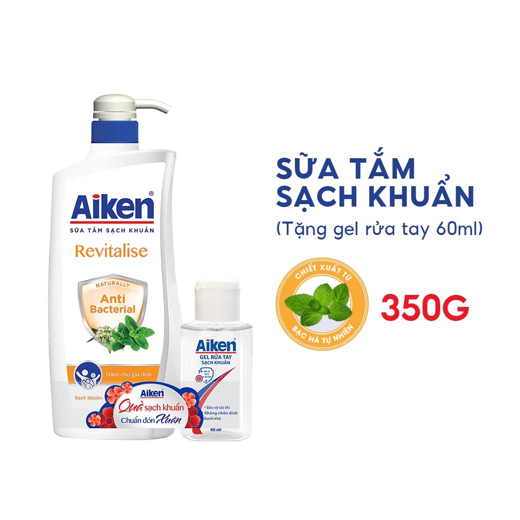 Sữa Tắm Sạch Khuẩn Aiken Chiết Xuất Bạc Hà 350g - Tặng Gel rửa tay 60ml