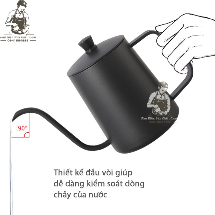 Ấm Cổ Ngỗng Rót Nước Pha Cà Phê inox 304 Đen (teflon) 600ML