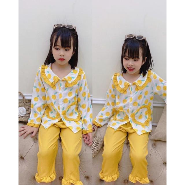 Bộ Pijama Dài Tay Chất Đũi Cúc Dọc Túi Trái Tim Bé Gái