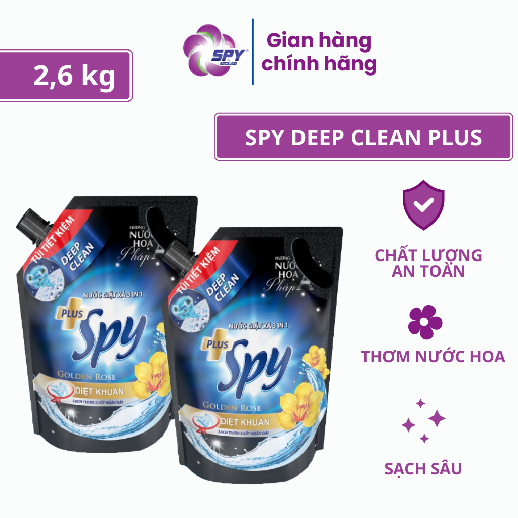 Combo 2 túi nước giặt xả SPY Deep Clean Plus 2,6kg khử mùi diệt khuẩn hương nước hoa Pháp lưu hương dài lâu