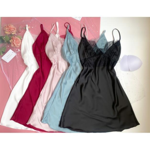 Váy ngủ hai dây lụa satin sexy có mút ngực cao cấp Đầm mặc nhà gợi cảm quyến rũ *