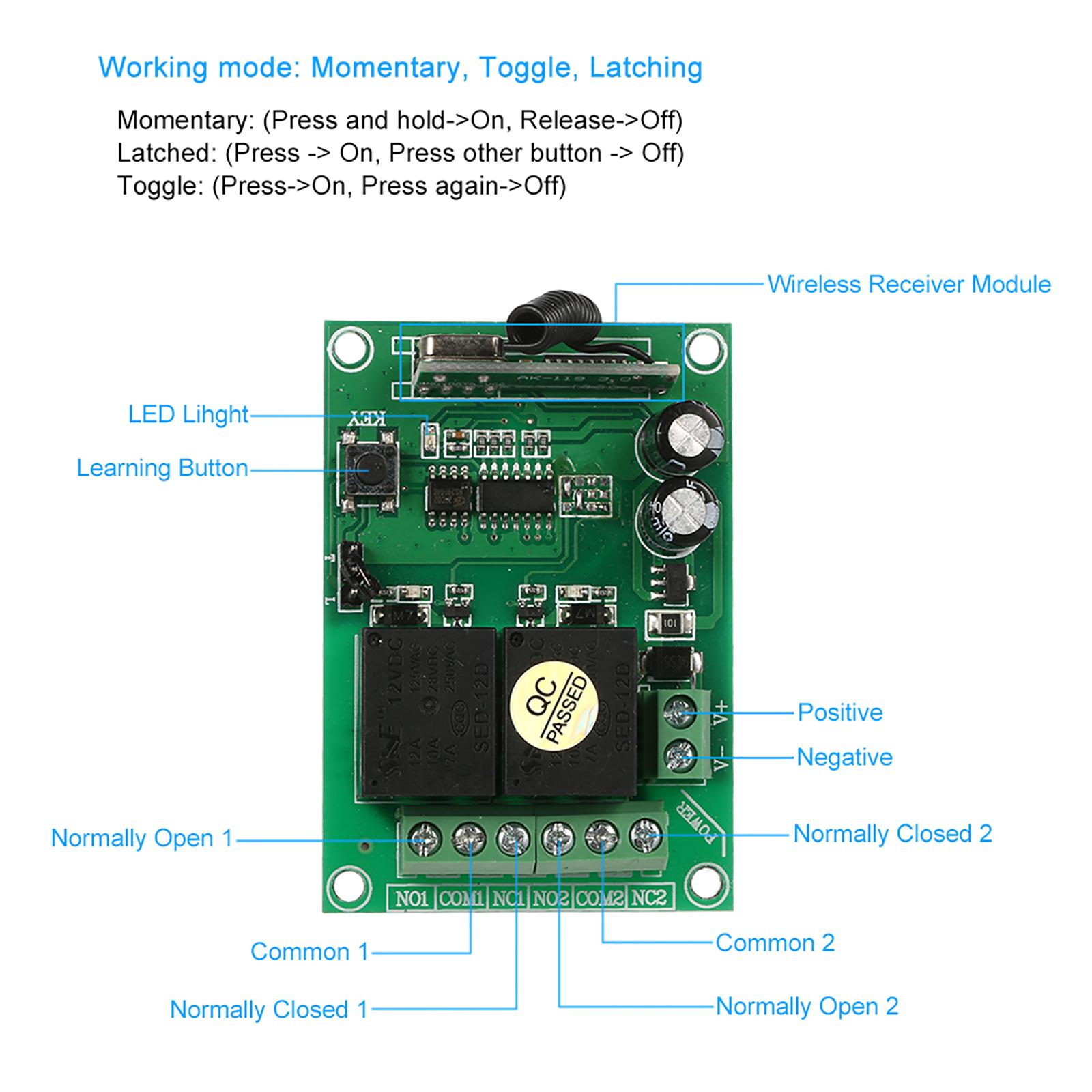 Smart Home 433Mhz RF DC 12V 2CH Learning Code Wireless Remote Control Switch Relay Receiver Transmitter Universal Remote Switch System and Long Range 50M RF Transmitter Remote Controls 1527