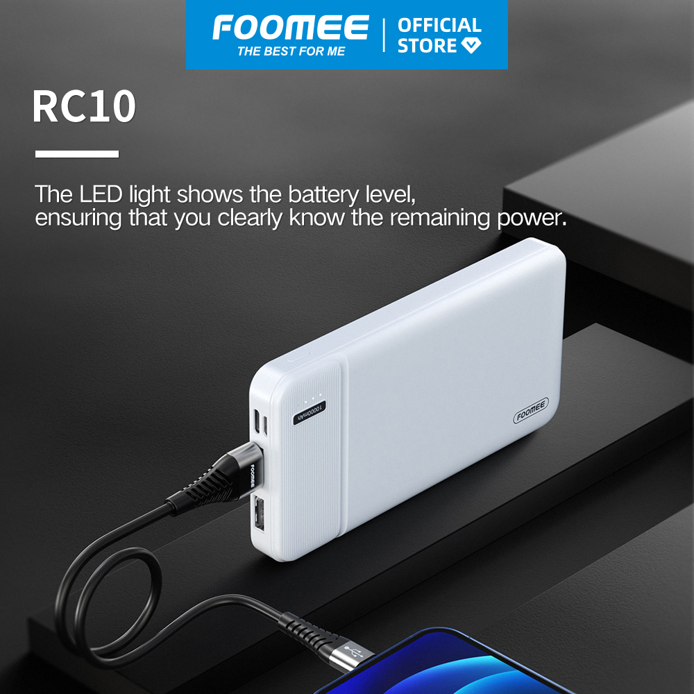 Pin Sạc Dự Phòng 10000mAh FOOMEE RC10 - Màu Đen/Trắng - Sạc 2 Thiết Bị Cùng Lúc - Hàng chính hãng