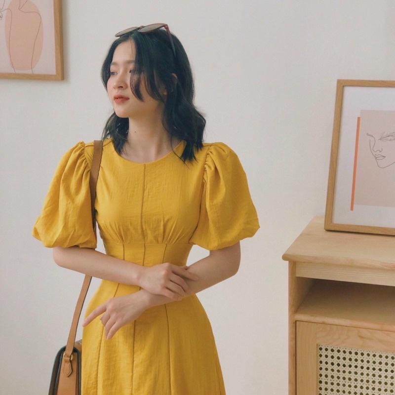 Đầm váy cổ tròn viền sọc nâu 2 màu  phù hợp đi làm đi chơi dạo phố